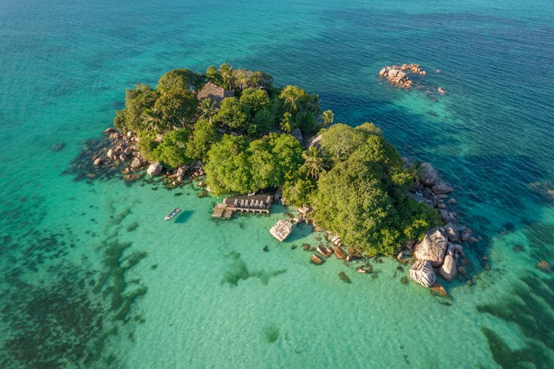 Aerial view of a palm-lined Seychelles shore