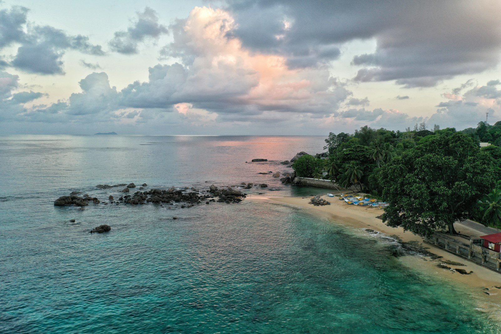 Seychelles shore at soft sunset