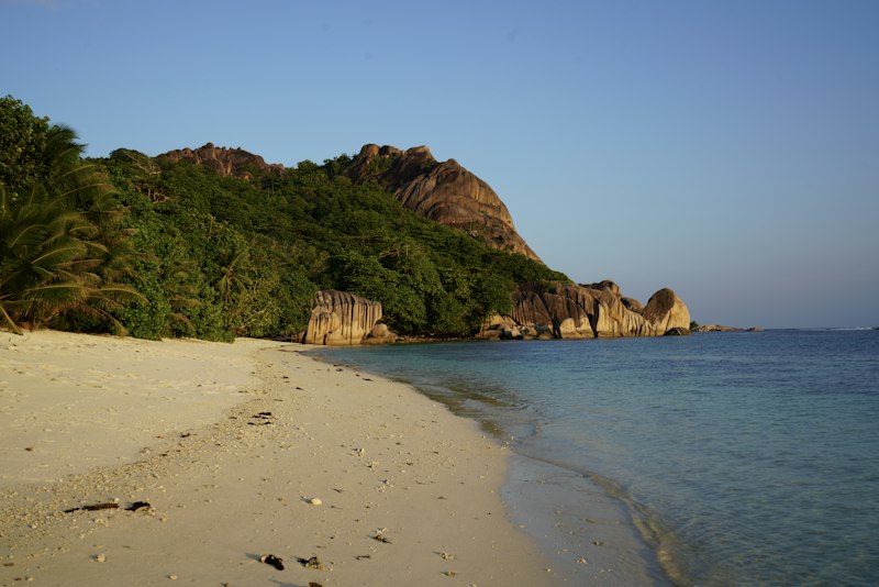Granite boulders on Anse Réunion, La Digue, at golden hour